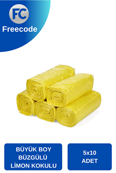 Freecode Büzgülü Büyük Boy Çöp Torbası Limon Kokulu 10'lu 5 Rulo 65x70 Çöp Poşeti