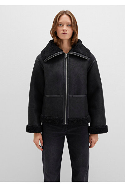 Mavi Faux Fur Detailed Black Faux Leather Jacket Oversized / Wide Cut 1110718-900