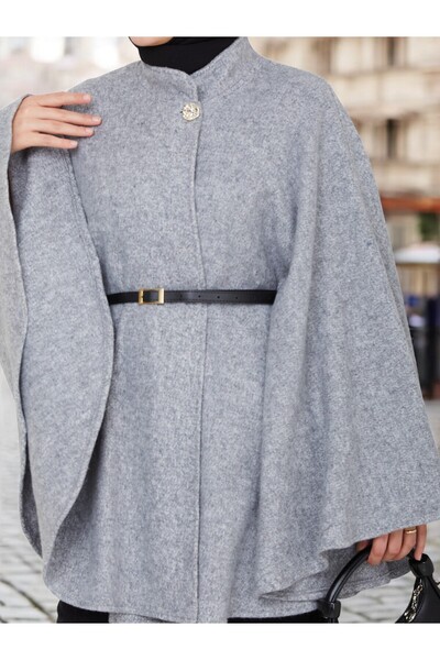 Cochines Women's Gray Gold Brooch Buttoned Belted Mock Neck Gray Cashmere Hijab Tunic Long Poncho