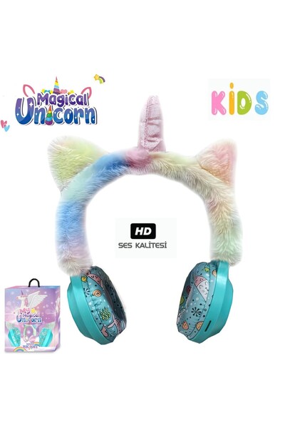 MEGA CASE Led Işıklı Unicorn Kedili Kulaklık Boynuzlu Ayarlanabilir Mikrofonl...