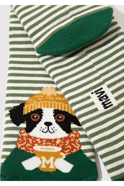 Mavi Köpek Baskılı Ekru Soket Çorap 1913539-70053