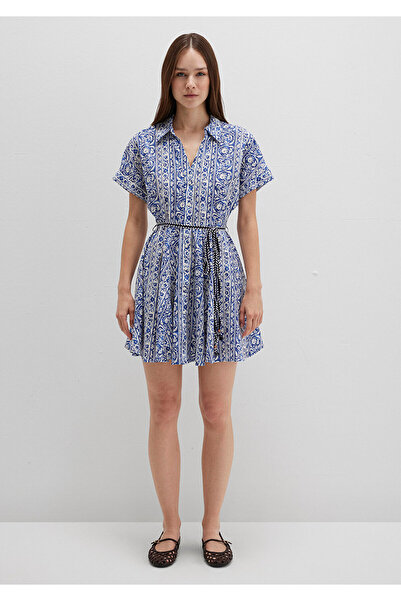 Mavi Baskılı Beli Bağcıklı Mini Elbise 1310763-91087