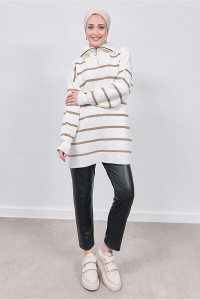 TRENDTESETTÜR WOMEN'S COFFEE (CAMEL) STRIPED TRICOT TUNIC T 9808