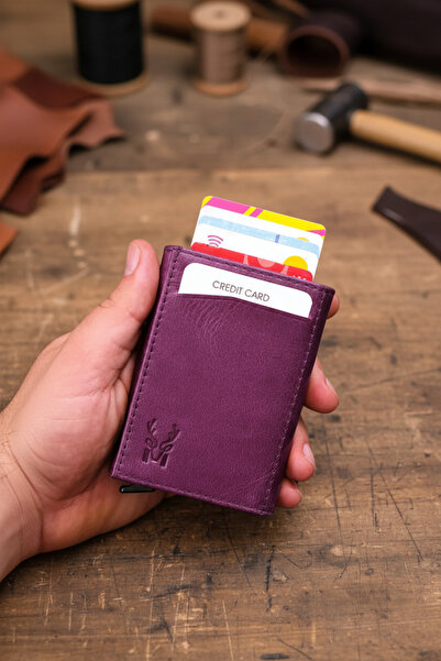 Modica Hakiki Deri Otomatik Mekanizmalı RFID Korumalı Erkek Mor Kartlık Cüzdan Pescol