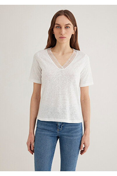 Mavi Lace Detailed V-Neck White T-Shirt Regular Fit 1613130 -70057