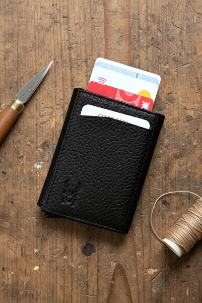 Modica Hakiki Deri Otomatik Mekanizmalı RFID Korumalı Erkek Siyah Kartlık Cüzdan Pescol