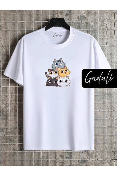 Gadali Cat Printed Oversized White T-Shirt