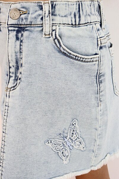 Breeze Fusta Jean pentru Fata Broderie Fluture Detaliu Buton 6-10 Ani, Albastru Deschis