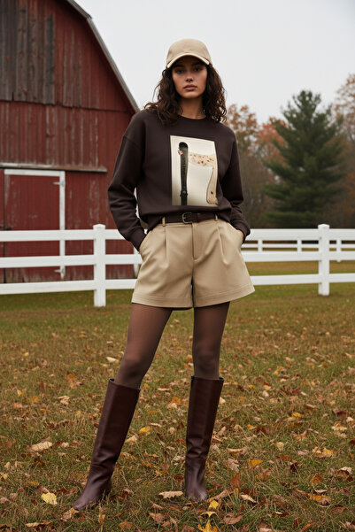 Amia&Co. Φούτερ 100% βαμβακερό πικρό καφέ με λαιμόκοψη με τύπωμα oversized επένδυση fleece