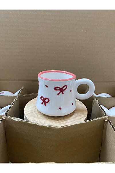 CeM Porselen 6 Kişilik El Yapımı Fiyonk Desenli Ahşap Bambu Tabaklı Kahve Fincan Takımı