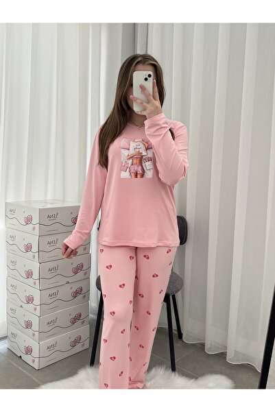 Lena Homewears Pink Print Detailed Long Sleeve Milan Pajama Set