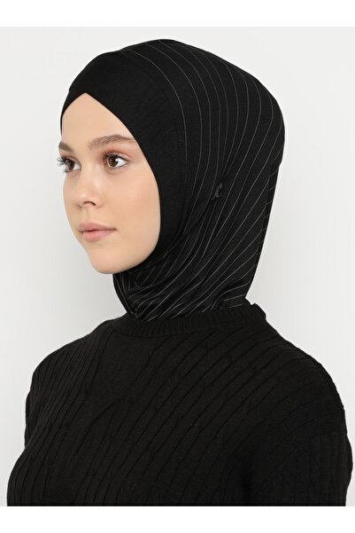Ecardin Çizgili Spor Çapraz Tesettür Bone Türban - ST298 SİYAH