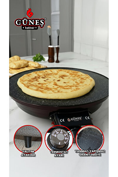 GÜNEŞKATMER 2000w Elektrikli Lüks Termostatlı 50 Cm Ekmek,gözleme,börek Ve Katmer Sacı l Granit emaye