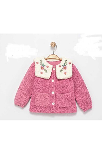 mayakids ÇOCUK KREM YAKALI PEMBE ÇİÇEK DETAYLI POLAR CEKET