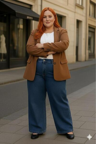 ELONİ New Season - Premium Super Battal High Waist Flexible/Lycra Wide Leg Denim Pants-Medium Blue