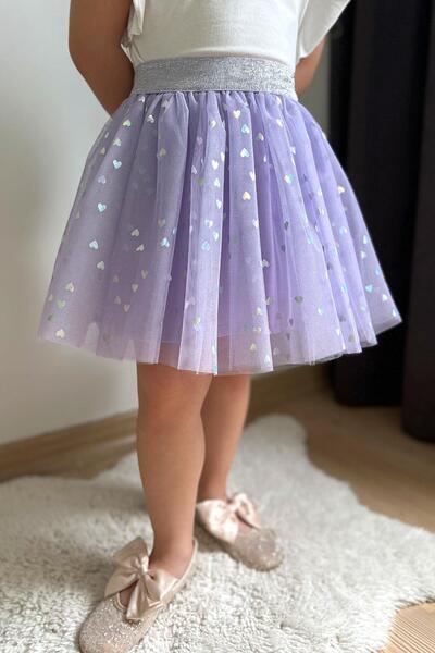 Breeze Lilac Colored Girls Tutu Skirt, Glittery Heart Pattern Elastic Waist Needlework for Ages 5-10