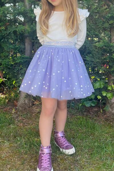 Breeze Lilac Colored Girls Tutu Skirt, Glittery Heart Pattern Elastic Waist Needlework for Ages 5-10