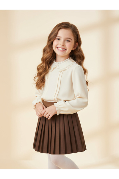 By Piera Deri Görünümlü Beli Lastikli Çocuk Etek 8262