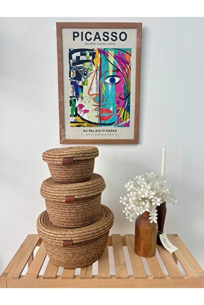 loca sweet home 3'lü Dekoratif El Örmesi Kapaklı Hasır Sepet Seti, Organizer,...