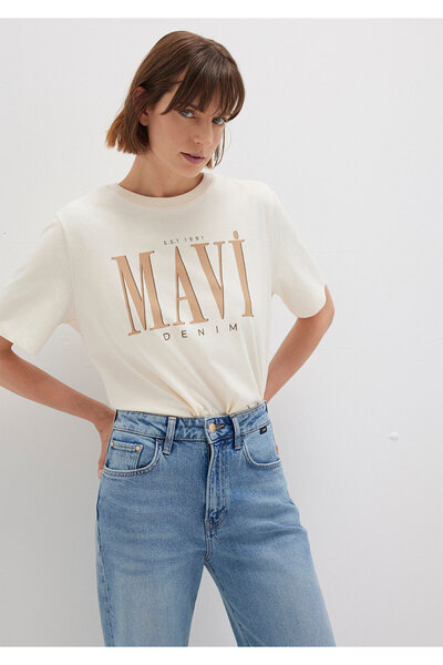 Mavi Logo Printed Beige T-Shirt Regular Fit / Normal Cut 1611990-70008