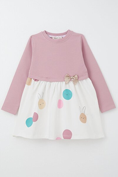 Breeze Χαριτωμένο πολύχρωμο μακρυμάνικο φόρεμα Bunny B με τύπωμα για κορίτσια 1,5-5 ετών - Dusty Rose