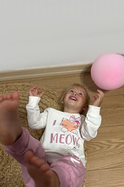 Breeze 1.5-5 Years Old Girl's Tracksuit Set - Cute, Cat Printed Bow, Ecru