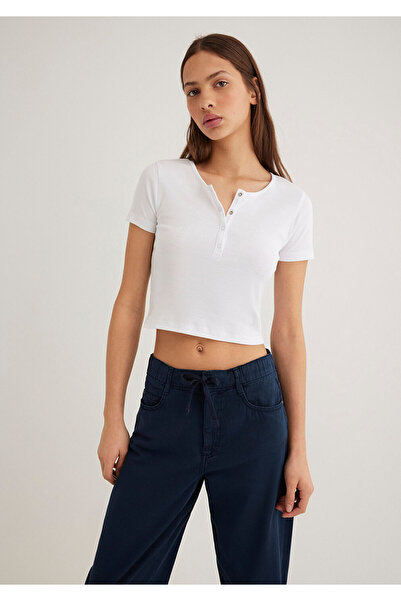 Mavi Buttoned White Basic T-Shirt Crop / Short Cut 1611639-620