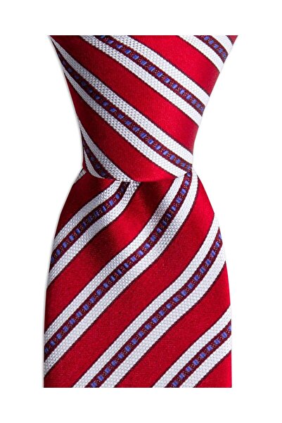 1001 Kravat Burgundy White Striped 7.5 cm Wide Red Silk Tie