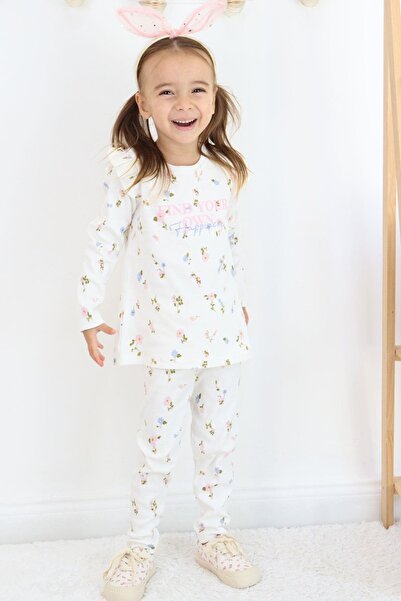 Breeze Girl's Leggings Set Colorful Floral Patterned Shoulder Ruffles 2-6 Years Old, Ecru