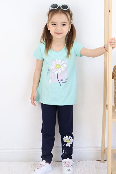 Breeze Daisy Printed Girl's Tights Set - Age 4-9, Water Green