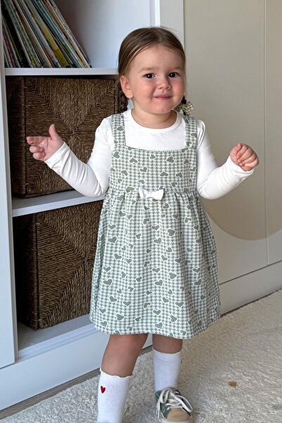 Breeze Girls' Long Sleeve Dress Heart & Houndstooth Print 1.5-5 Years, Mint Green