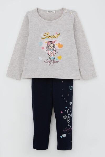 Breeze Kız Çocuk Taytlı Takım Sevimli Kız Baskılı Kalpli 2-6 Yaş, Bej Melanj