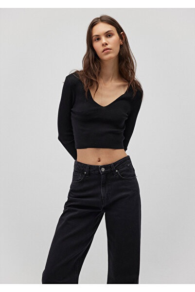 Mavi V Yaka Siyah Kazak Crop / Kısa Kesim 1710122-900