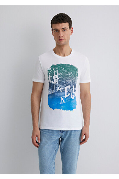 Mavi Weißes T-Shirt mit Bosporus-Istanbul-Aufdruck, normale Passform/normaler Schnitt, 067054-620