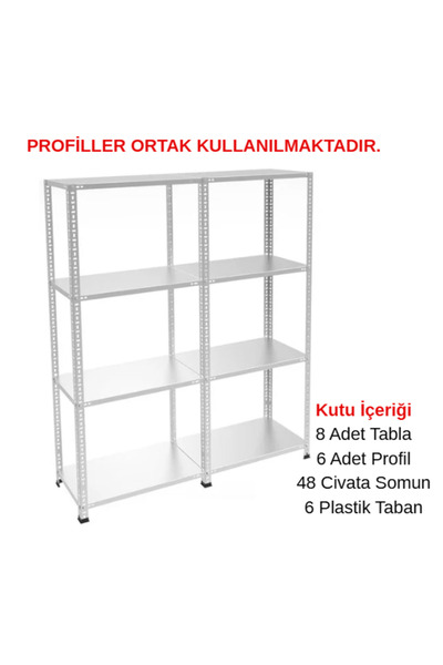 RafBurada 4 Katlı Duble Galvaniz Çelik Raf - Depo, Arşiv, Kiler, Dosya, Market Rafı 43x75 cm-150 cm-0.70 mm