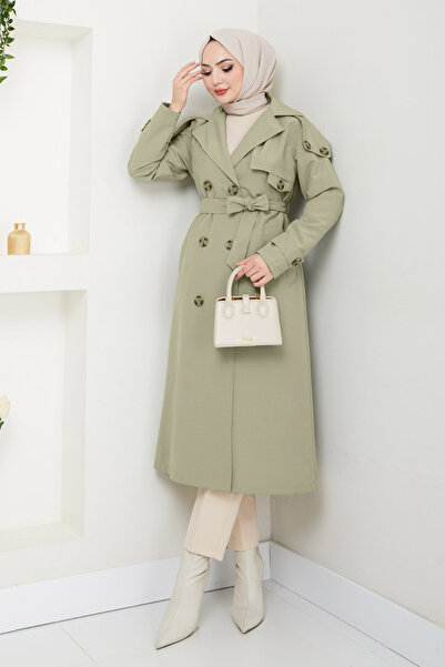 InStyle Πράσινη καμπαρντίνα μέντας με λεπτομέρεια επωμίδα στους ώμους