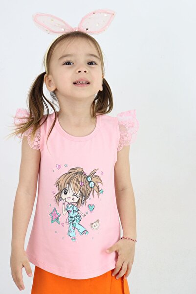 Breeze Girl's T-Shirt Crazy Girl Printed Sleeves with Embroidery Lacing, 1.5-5 Years, Pink
