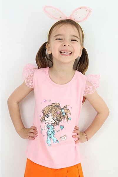 Breeze Girl's T-Shirt Crazy Girl Printed Sleeves with Embroidery Lacing, 1.5-5 Years, Pink