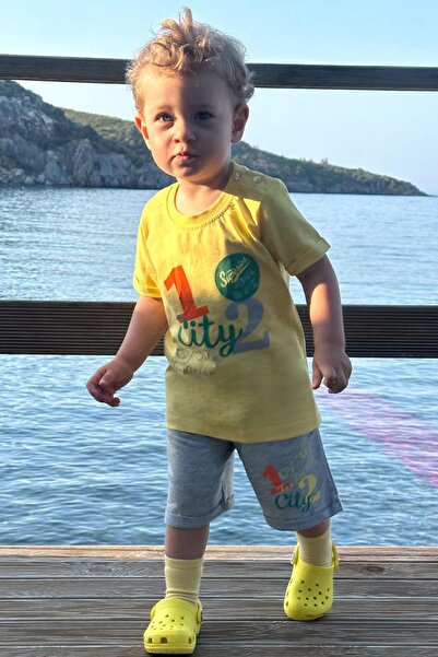Breeze 1-4 Years Boy's Shorts Set - City Themed and Text Printed, Yellow