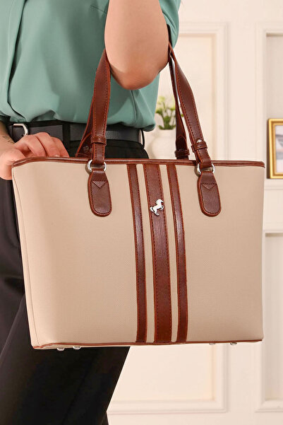 POLO CLUB Geantă de mână și de umăr pentru femei, cu model cu dungi polo, cu curea lungă, cu 4 compartimente (33x26 cm)