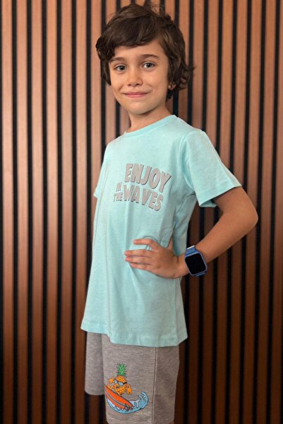 Breeze 3-7 Years Old Boy Shorts Set - Summer Themed, Pineapple Printed, Light Blue