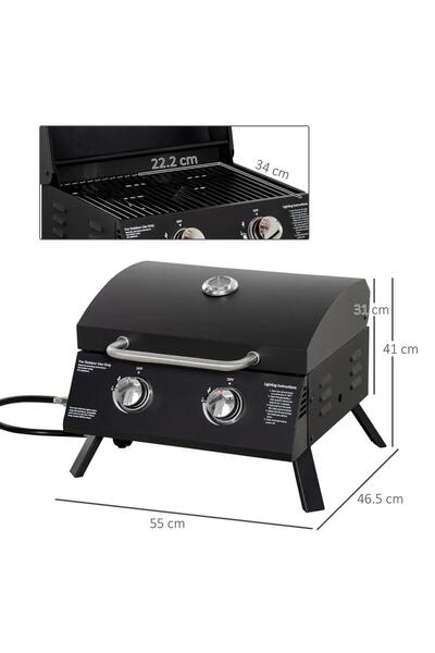 Artool Camping rectangular gas grill, 2 burners, lid with thermometer, 55x46.5x41 cm