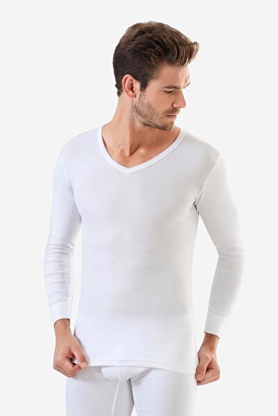 Arma Yıldız Men's White V-neck Long Sleeve T-shirt - Undershirt 100% Cotton, 2 Pieces