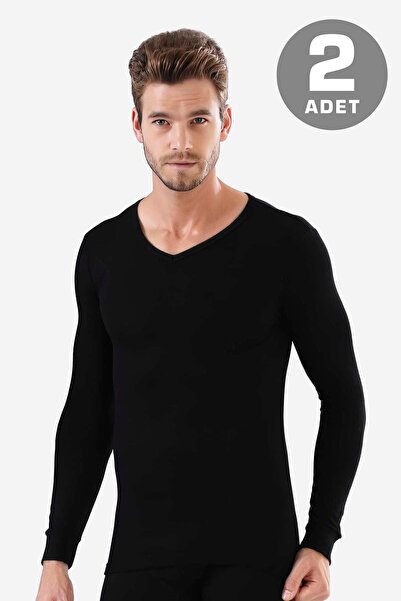 Arma Yıldız Ανδρικό μαύρο μακρυμάνικο εσώρουχο με λαιμόκοψη σε σχήμα V Badi 100% βαμβακερό ριμπ 2-συσκευασία