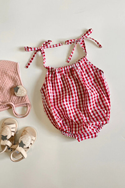 LESRAVIN Kırmızı Pötikareli Müslin Kız Çocuk Lastikli Casual Romper