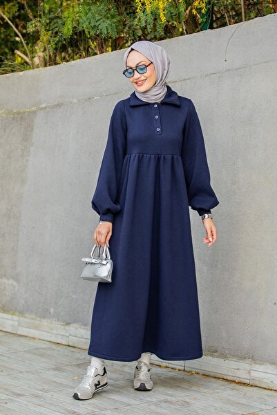 Tesettür Çarşım Yakalı Üç İplik Spor Robalı Elbise-Laci