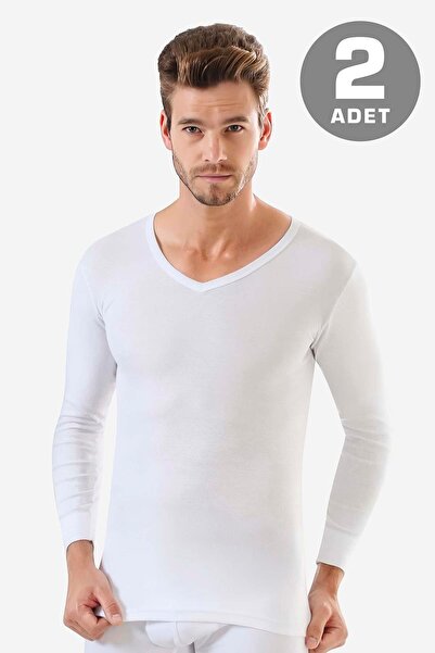 Arma Yıldız Men's White V-neck Long Sleeve T-shirt - Undershirt 100% Cotton, 2 Pieces