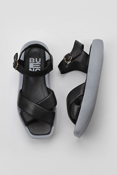 Bueno Shoes Μαύρα Μπλε Δερμάτινα Γυναικεία Σανδάλια Flat 01wy1009