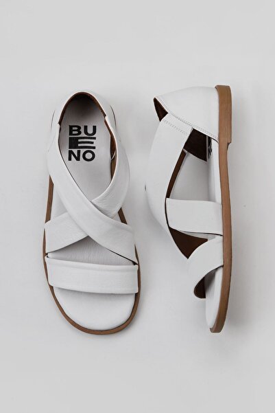 Bueno Shoes Λευκά Δερμάτινα Γυναικεία Σανδάλια Flat 01wy2002