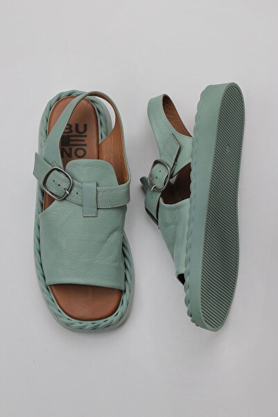 Bueno Shoes Πράσινα δερμάτινα γυναικεία σανδάλια εξωτερικού χώρου - Flat Mode...